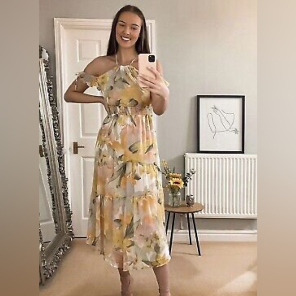 Zara Metallic Thread Floral Print Ruffle Dress NWT Size XL - Picture 9 of 16